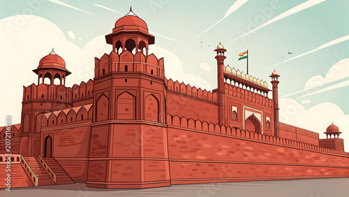 Red Fort  Delhi  India  modern limited color vector illustration  massive red sandstone fort walls and towers
