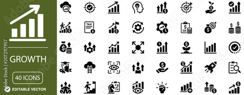 Bild auf Leinwand Growth and Business Performance Solid Icon Set with Revenue Growth, Strategic De