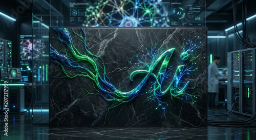 Abstract Neon Light Trails in Dark Modern Interior with Futuristic Glow