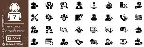 Tech Support and Customer Assistance Solid Icon Set with Help Desk, IT Services, Client Support, Technical Solutions and User Communication Vector Symbols