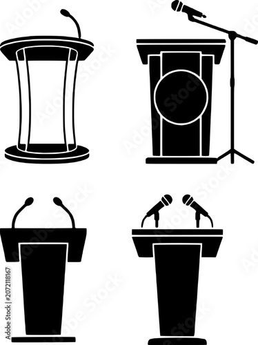 Konstfotografi Four different lectern and podium silhouettes with microphones for presentations and speeches in a conference or meeting setting