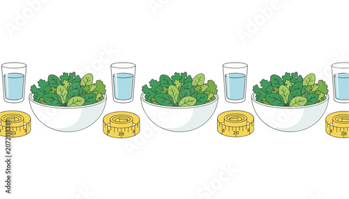 Healthy green salad bowls, glasses of water, and yellow measuring tapes in a border pattern.