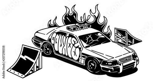 Tableau sur toile Burning Police Car Graffiti with Skateboard Ramps