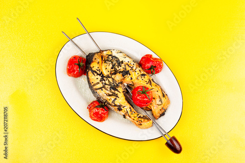 Roasted Trout Steak with Cherry Tomatoes and Herbs, Healthy Seafood Dish