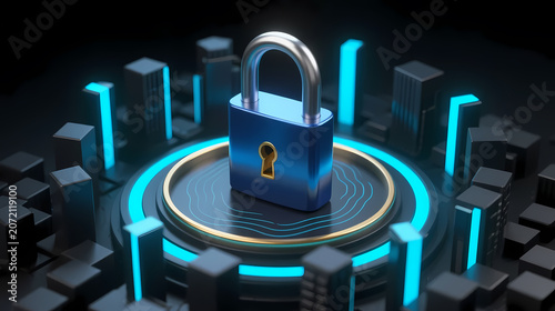 Blue metal padlock on futuristic tech platform