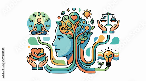 A stylized multicolored illustration of a human head with a tree growing out of it surrounded by various symbols of we
