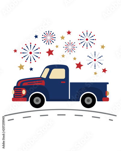 Vintage Blue Pickup Truck With Festive Fireworks Star Vector Illustration Art