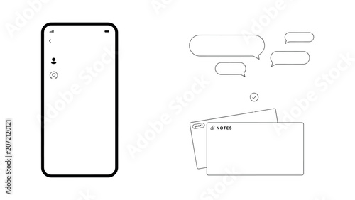 Smartphone mockup frame with chat bubble communication messages notes and draft document icons for mobile application layout design on transparent background.