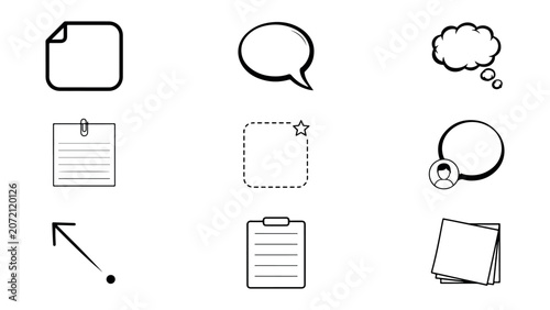 Collection of creative sketch style paper notes memo stickers speech clouds and list document icons for office stationery and digital planning app graphics.