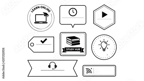 Educational badges collection with online learning symbols including laptop graduation cap clock books lightbulb and headphone icons for study hub design.