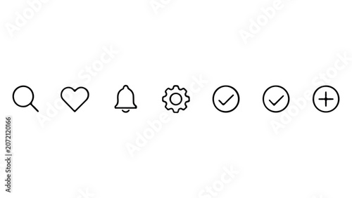 Minimalist interface icons set featuring search magnifying glass heart notification bell settings gear checkmark and plus symbols for mobile app design.