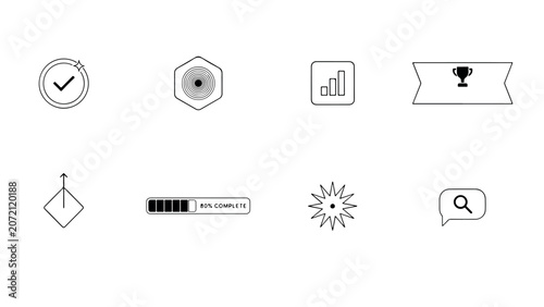 Assorted interface elements including progress bar loading status graph trophy symbol search bubble and geometric shapes for data visualization design.