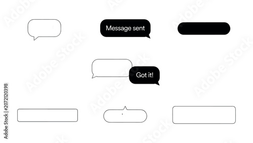 Collection of black and outline message bubbles with 'message sent' and 'got it!' text and empty rectangular fields on transparent background communication.