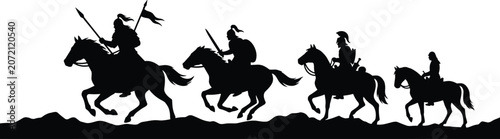 Bild auf Leinwand Silhouette of four riders on horseback, carrying spears, against a white backgro
