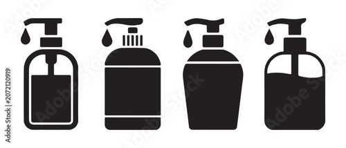 Fotografía Set of black soap dispenser icons with pump bottles in a flat minimalist graphic style