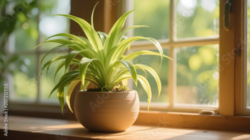 Lush green spider plant by bright window