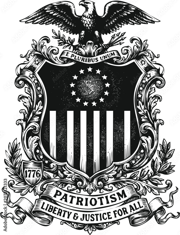 Fototapeta premium Ornate coat of arms with eagle and patriotic motto on a dark background with intricate details
