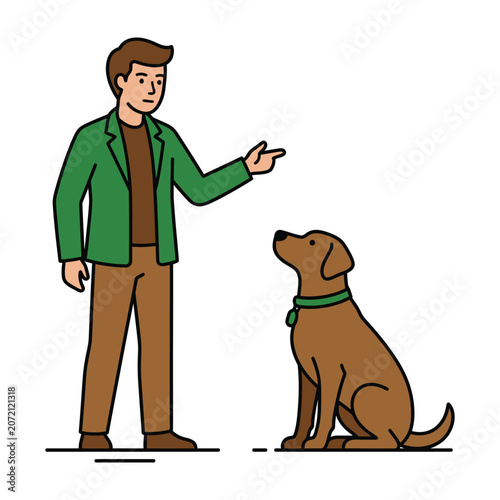 Obraz na plátně Man training a obedient dog outdoors illustration with training obedience compan