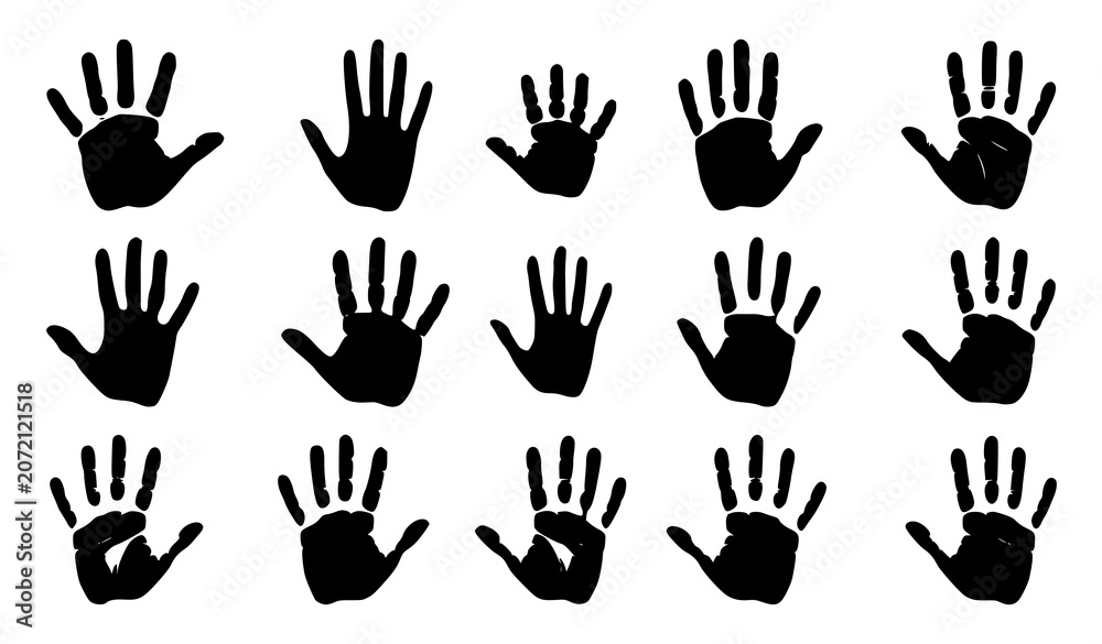 Fototapeta premium Black Handprint Silhouette Collection Featuring Various Palm Print Shapes and Gestures
