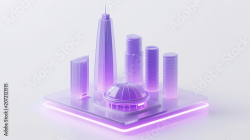 Stylized purple futuristic buildings on white