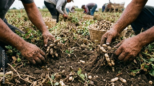 Farmers harvesting peanuts in a field during the harvest season