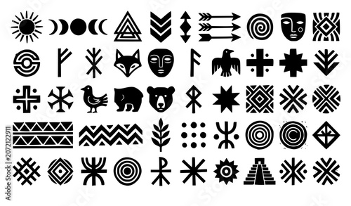Tableau sur toile Abstract linocut geometric symbols set with folk primitive vector icons