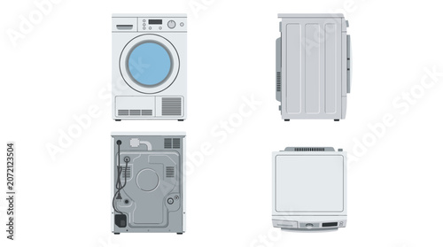 Tumble dryer home appliance with front side rear and top views vector illustration