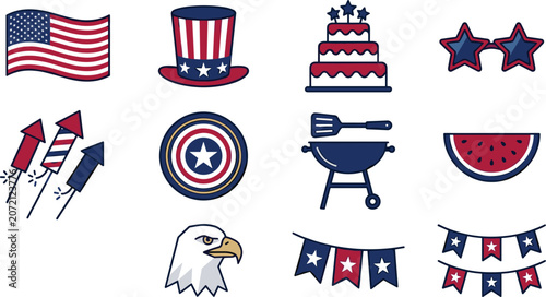Konstfotografi USA 4th of July patriotic vector line icon set featuring American flag Uncle Sam