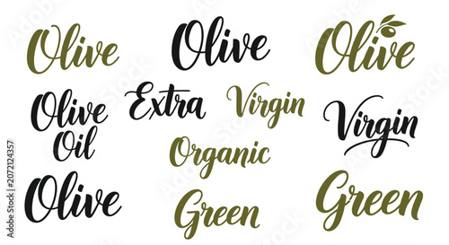 Quadro su tela Collection of olive oil related hand-lettered phrases including extra virgin organic and green in different artistic fonts and shades of green and black