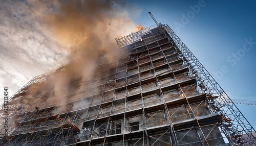 dramatic construction site disaster featuring a major scaffolding accident with collapsing metal frames debris and dust clouds against a modern building facade