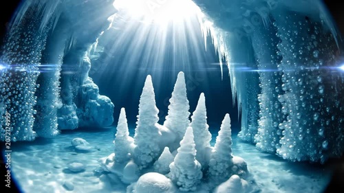 Icy blue cavern with hanging icicles and central ice stalagmites under volumetric sunbeams