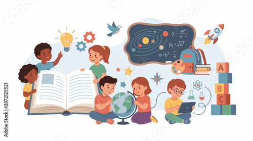 A vibrant illustration of children engaging with various educational elements