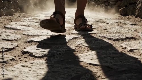 Low-angle tracking of leather sandals walking on dusty cobblestone road with long backlit shadows