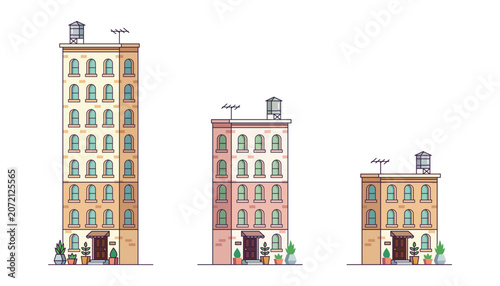 Bild auf Leinwand Group of three brown residential apartment buildings vector bundle for city stre