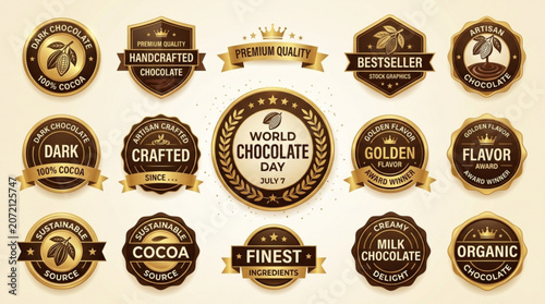 Golden chocolate badges and labels for premium quality cocoa products