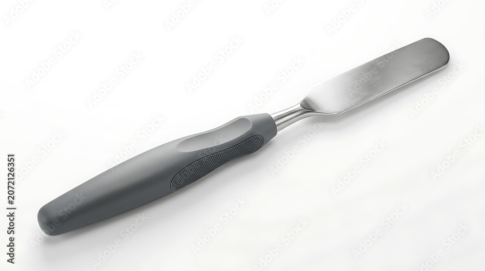Fototapeta premium Ergonomic professional dental mixing spatula with gray handle and stainless steel blade for preparing dental materials and impressions in laboratory or clinic setting on clean white background.