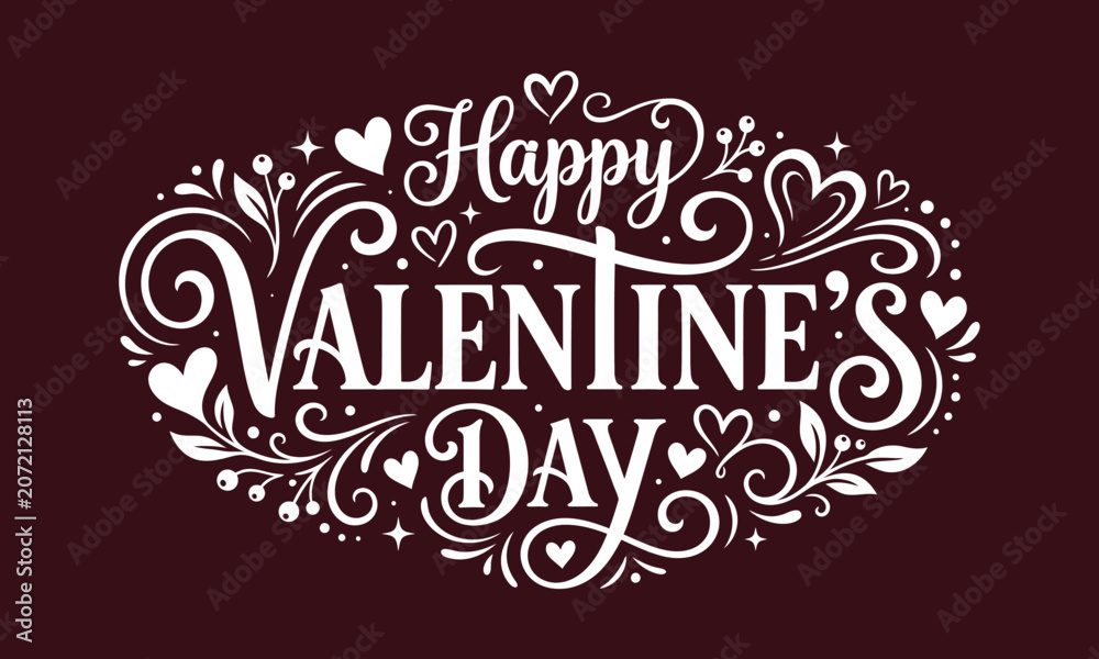 Fototapeta premium Valentine's Day holiday greeting card with white ornate text on maroon background