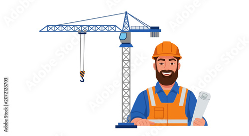 Illustration of a construction worker wearing a hard hat and safety vest, holding blueprints, with a large tower crane in the background.