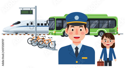 Illustration of various public transportation options including a train, bus, bicycles, and people commuting in an urban setting.