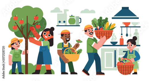 Diverse group of people harvesting fresh fruits and vegetables and preparing healthy meals in a kitchen setting.
