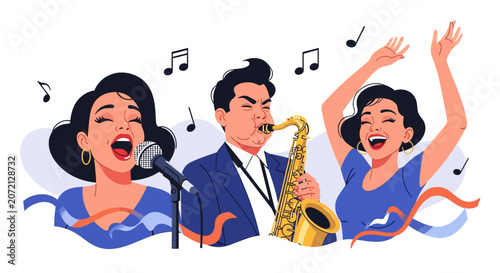 A lively illustration of a jazz band with a saxophonist, a singer, and a dancer enjoying music.