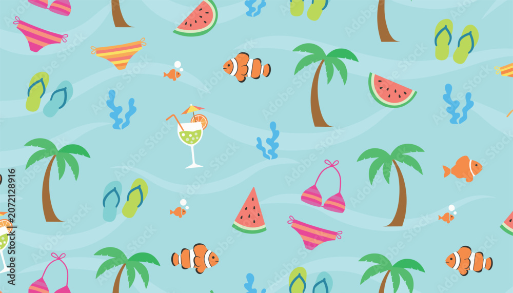 Obraz premium Seamless summer beach pattern with swimsuits, tropical palm trees, clownfish, watermelon slices, and cocktails.