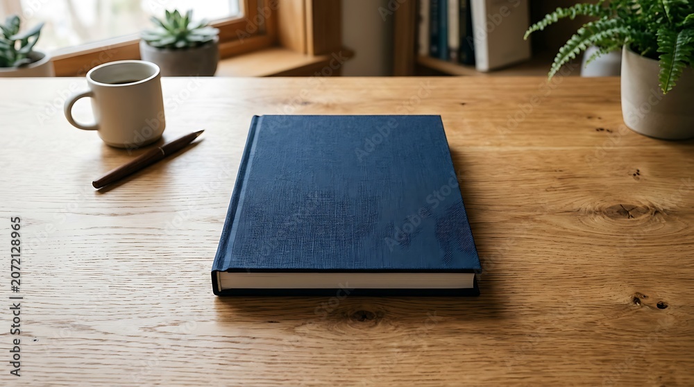 Fototapeta premium Cozy workspace with a blue book, coffee cup, and pen on a rustic wooden desk, surrounded by plants
