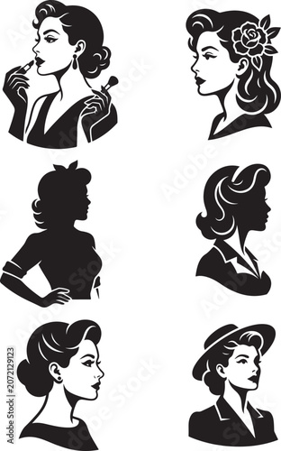 Set of retro vintage style woman illustrations in black and white silhouette profiles
