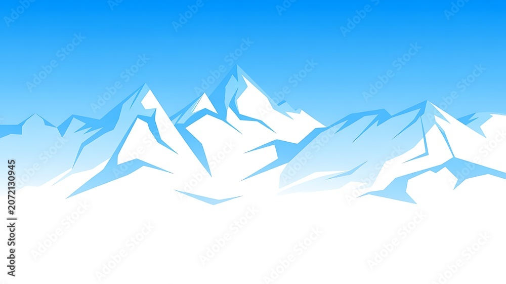 Fototapeta premium Snowy mountain range landscape, winter scenery, blue sky background, white peaks