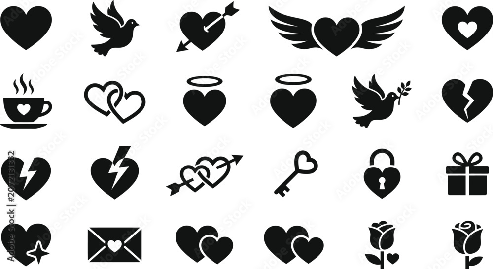 Obraz premium Heart icons set featuring love symbols for romantic designs isolated on a clean white background