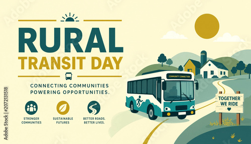 Rural transit day poster with bus on a country road