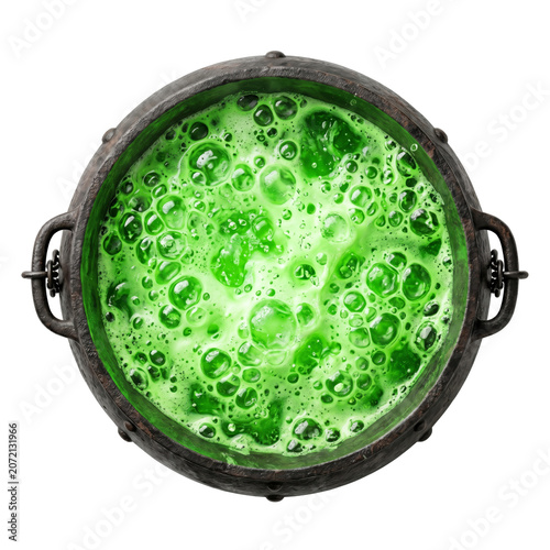 Bubbling Cast-Iron Cauldron with Neon Green Potion for Halloween Witchcraft and Magic Concepts