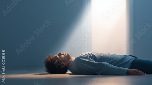 Person resting on a dark floor as warm light enters through an opening above, symbolizing recovery, renewal, and emotional healing.