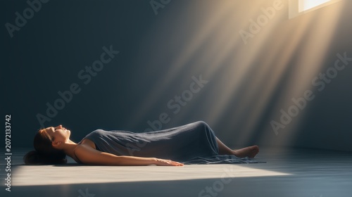 Person resting on a dark floor as warm light enters through an opening above, symbolizing recovery, renewal, and emotional healing.